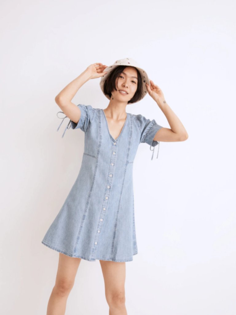 Madewell Button-Front Puff Sleeve Denim Mini Dress Cottagecore Retro Blue - 6